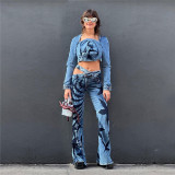 Women's new high-waisted fashion print street photo slim slim micro flare casual pants