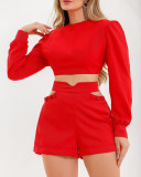 Solid color short long-sleeved shirt hollowed-out high waist shorts Women's fashion casual suit