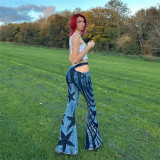 Women's new high-waisted fashion print street photo slim slim micro flare casual pants