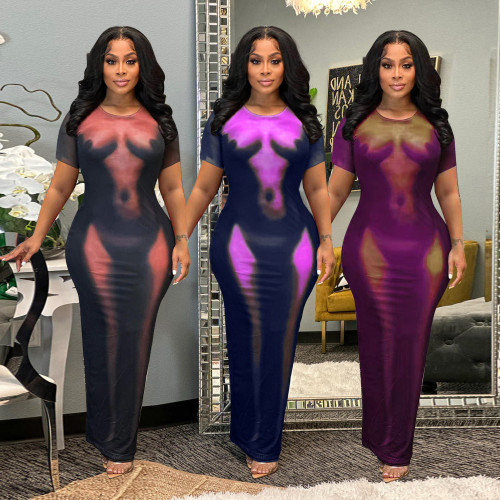 Full-body positioning printing sexy short-sleeved dress