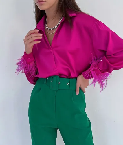 Fashion casual shirt with ice silk feather panel design ostrich hair feeling
