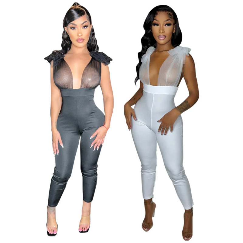 Sexy tight-fitting mesh patchwork bandage perspective jumpsuit for women