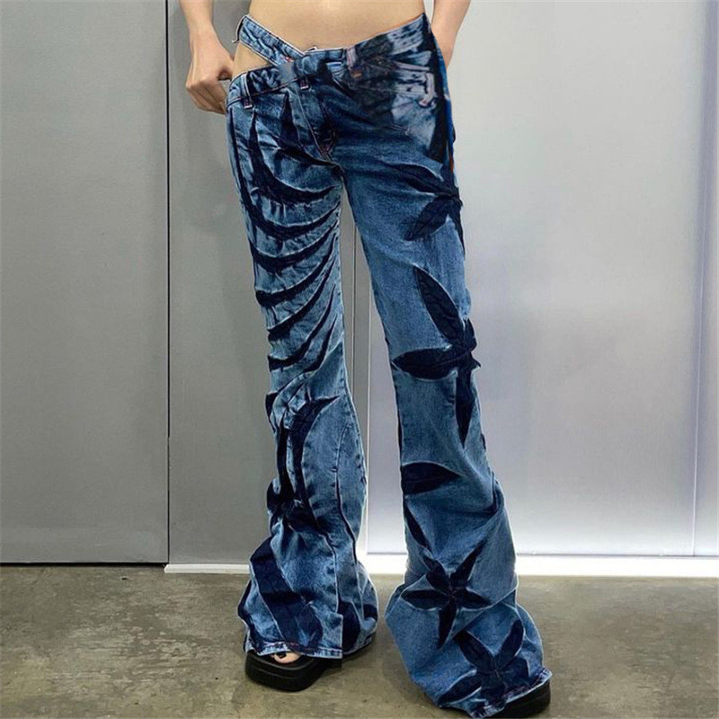 Women's new high-waisted fashion print street photo slim slim micro flare casual pants