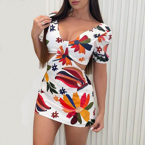 V-neck short sleeve back lace-up open back dress short skirt