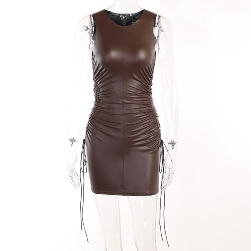 Knitted drawcord sleeveless temperament buttock wrap skirt style sexy slim pleated casual dress