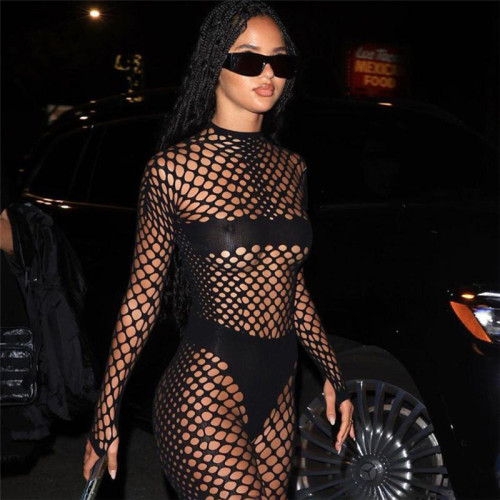 Sexy fishnet perspective hollow-out high-waisted tights suit