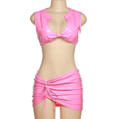Women's sexy glossy imitation leather tight-fitting vest, high waist, buttocks, short skirt suit