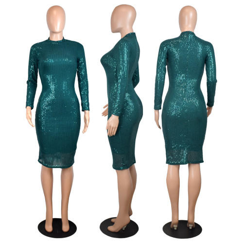 Stretch sequin medium length sexy tight dress