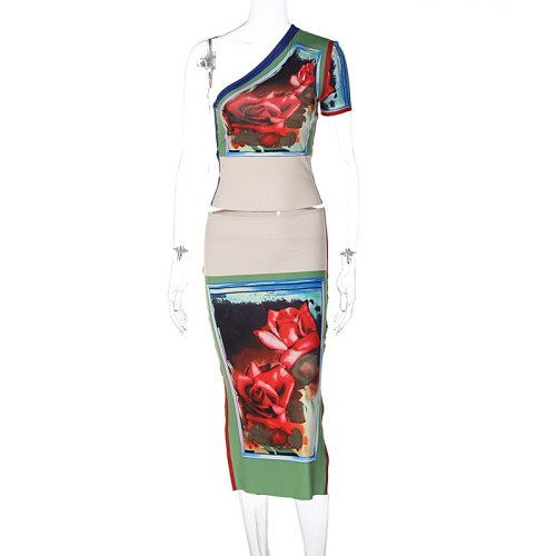 Oblique shoulder single sleeve vintage printed T-shirt short skirt two-piece set