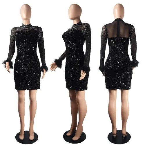 Fashion perspective hot diamond sequin long-sleeved feather buttock skirt nightclub style party dress