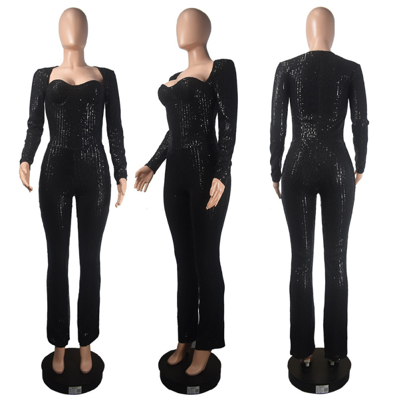 Bra length slim long sleeve sequin jumpsuit without belt