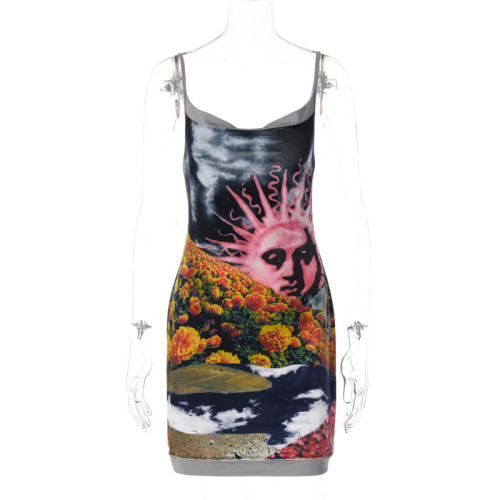 One-piece collar street trendsetter multi-color printed suspender dress