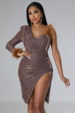 Fashionable buttock nightclub one-shoulder feather long-sleeved high-split hot diamond slim dress