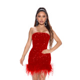 Fashionable new women's dress, bra and buttock skirt, celebrity feather sequin nightclub party dress