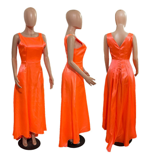 Evening dress women's satin round neck fashion dress A-line dress