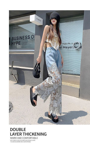 Versatile hollowed-out lace stitching denim drape pants women's loose straight pants