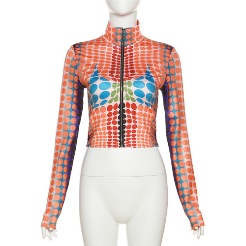 Women's fashion personality street photo 3D printing sexy low-cut zipper leaky navel top