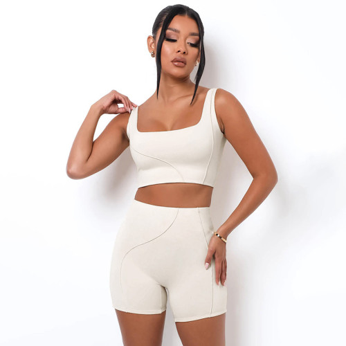 Solid color square-neck sleeveless ultra-short navel vest+high-waist tight-fitting three-piece pants exercise yoga two-piece set