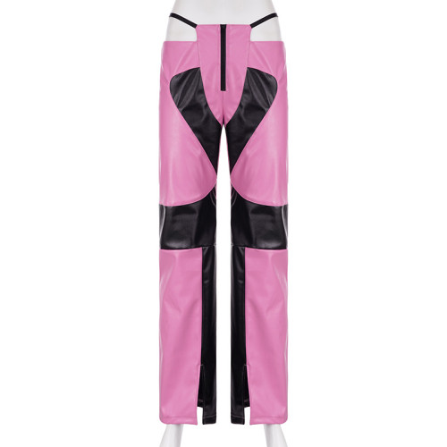 Fashion women's PU panel contrast low-waist zipper straight split pants