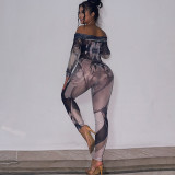 Women's gauze perspective printing one-shoulder long-sleeved tight-fitting fashionable small-foot jumpsuit