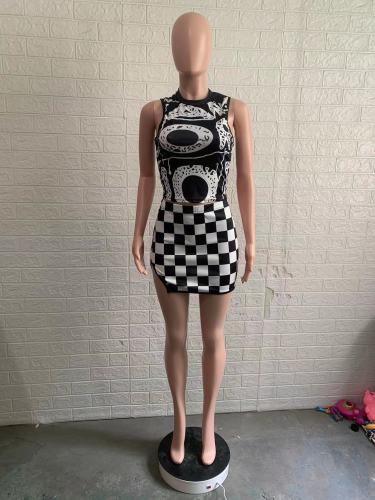 Sexy tight-fitting printed tank top short skirt suit