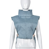 Individualized trend lace up high collar wash denim vest