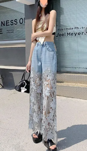Versatile hollowed-out lace stitching denim drape pants women's loose straight pants
