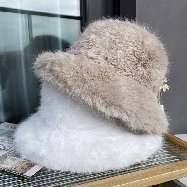 Faux fur straw hat children can wear long hair fisherman hat in autumn and winter, Korean version shows face, small bucket cap, warm and thickened basin cap