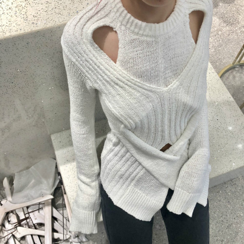 Chaozhou Brand Irregular Sweater Autumn and Winter New Loose Slim Slim Knit Long Sleeve Round Neck Top