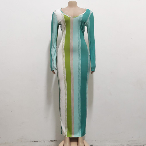 Sexy and fashionable digital printing V-neck long-sleeved women's dress
