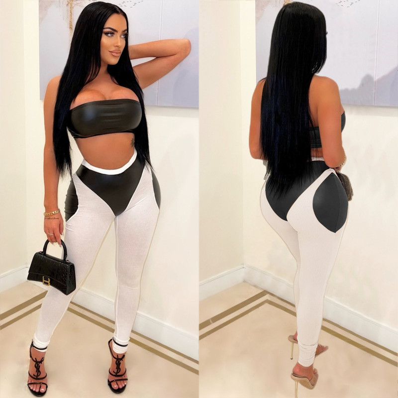 Sexy color-blocking two-piece bra PU leather trousers tight-fitting suit