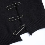 Wanghongchao Brand Design Sense Top Autumn New Round Neck Long Sleeve Personalized Broken Pin Decorative Dark T-Shirt