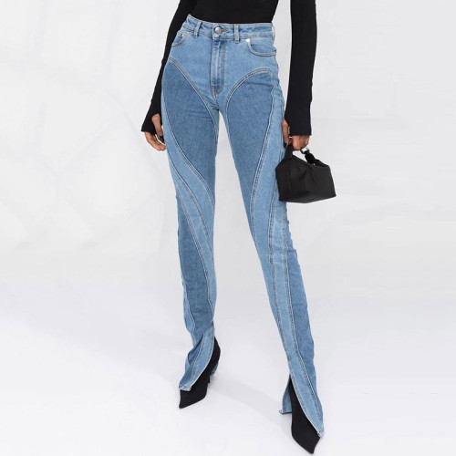 Trendy split jeans with slim legs and heavy stitching design show thin high-waist trousers