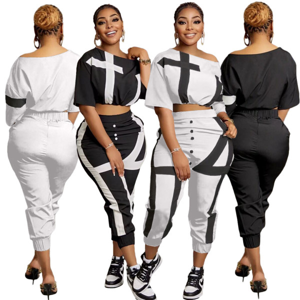 Fashion diagonal shoulder printed cropped pants button sports two-piece set
