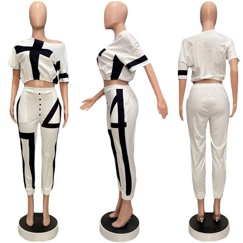 Fashion diagonal shoulder printed cropped pants button sports two-piece set