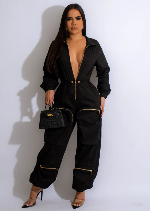 Women's waist work suit jumpsuit metal zipper bread bag casual pants
