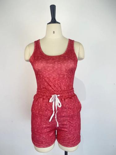 Tie-dyed printed vest shorts suit lace-up sports two-piece set