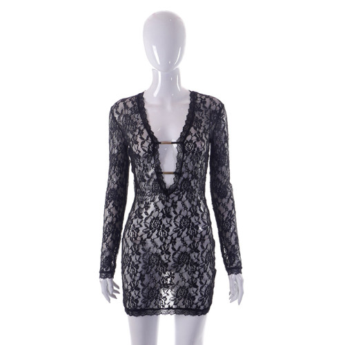 Sexy mesh lace long-sleeved V-neck perspective short dress