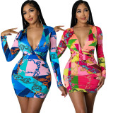 Sexy and fashionable digital printing V-neck women's dress