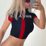 Fashion motorcycle style color contrast stitching half-high neck short-sleeved T-shirt sexy navel hot girl fashion women's dress
