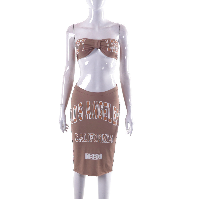 Bra top letter offset elastic waist skirt two-piece set