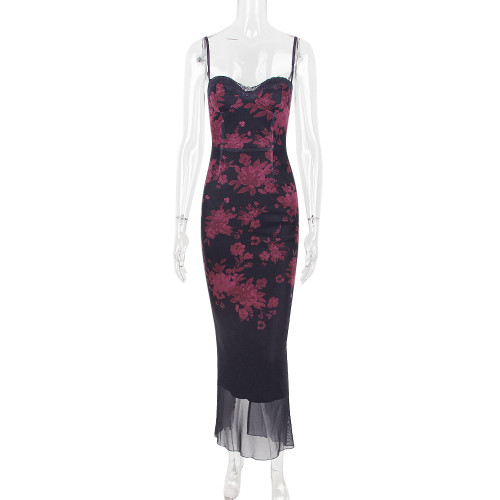 Printed suspender dress women's slim open backpack hip fishtail skirt long dress evening dress