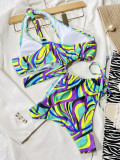 One-piece bikini bikini solid color cut-out drawcord one-piece swimsuit