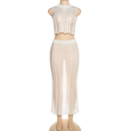 Women's sexy hollowed-out perspective small tank top slim high waist skirt suit