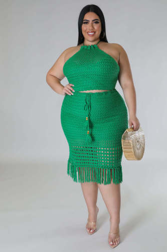 Plus size women's tassel fishing net knitting casual two-piece set