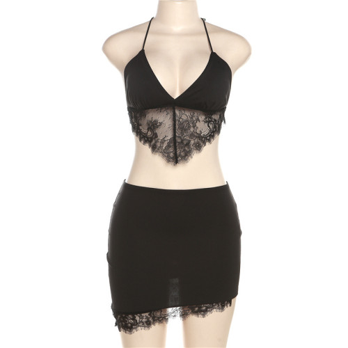Women's sexy hanging neck, open back, small vest, slim fit, buttock wrap, skirt suit