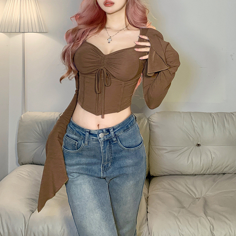 Women's solid color slimming navel exposed fashion square neck long-sleeved pleated T-shirt