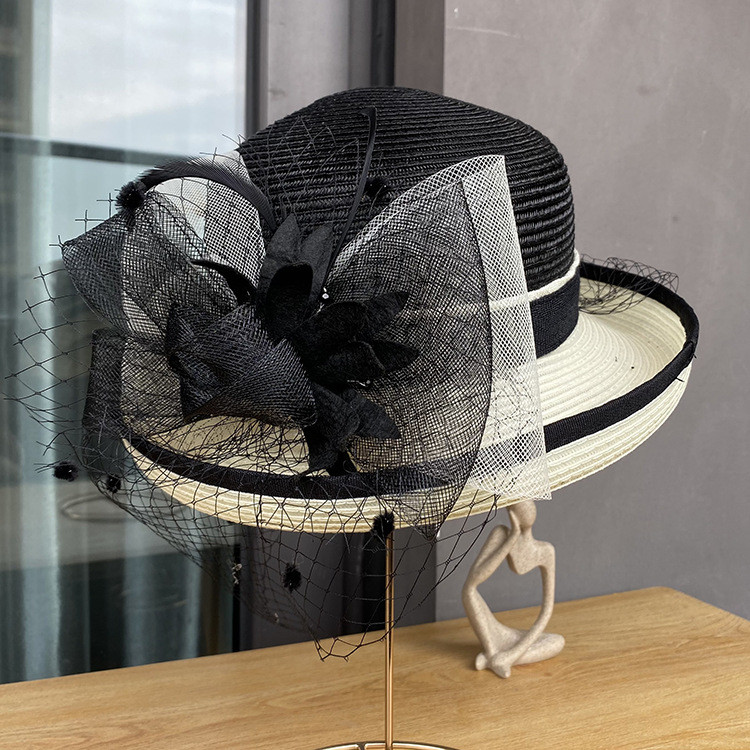 Mesh flower fashion hat Women's British retro rolled-up top hat Outdoor versatile sunshade and sunscreen hat