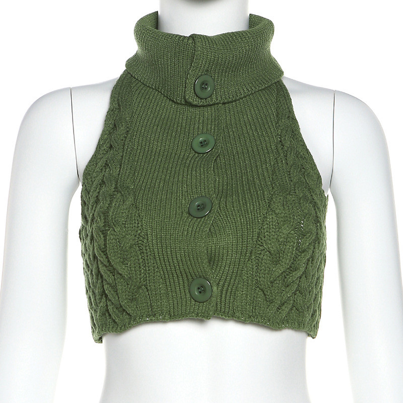 Women's fashion single breasted short open navel knitted bottom vest