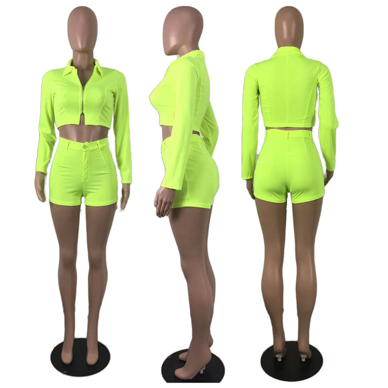 Zip jacket shorts tight solid color suit
